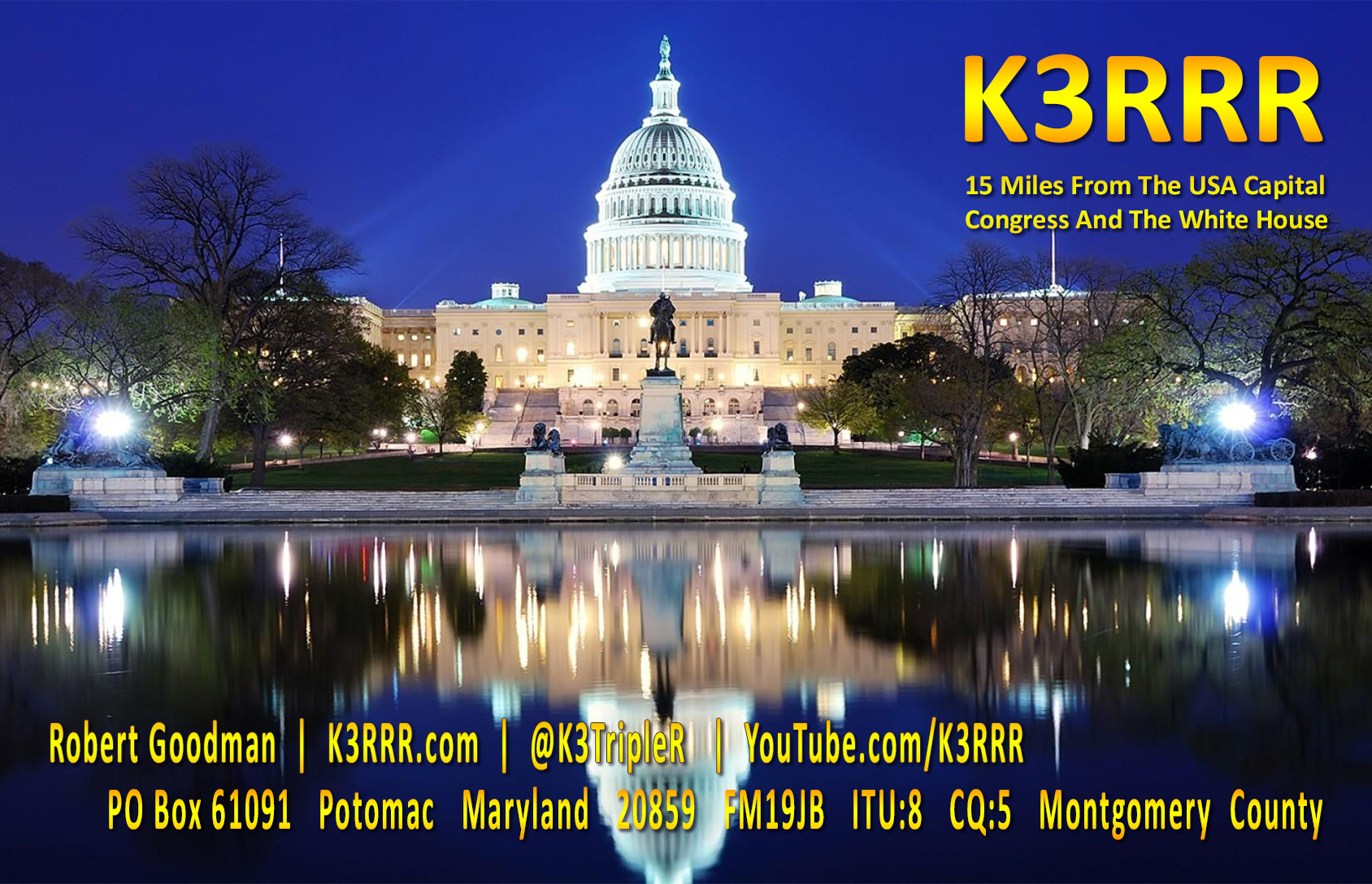 K3RRR USA Congress at Night QSL Card 5point5 X 3point5